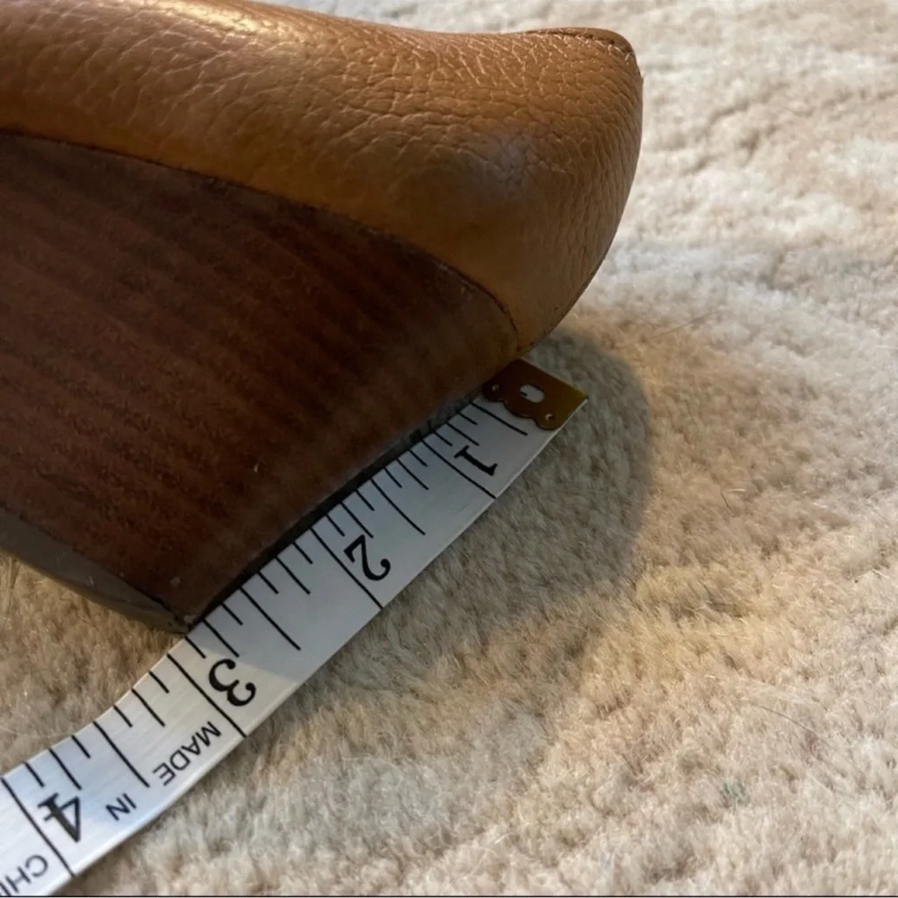 Tory Burch Cognac Leather Wedge Pumps with Gold Logo Accent